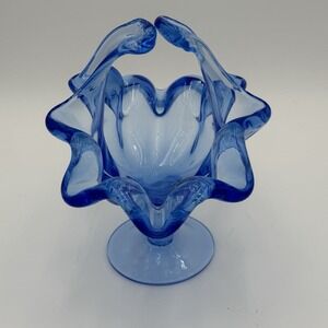 Art Glass‎ Blue Hand Blown Pedestal Basket Candy Dish Ruffled Edge EUC